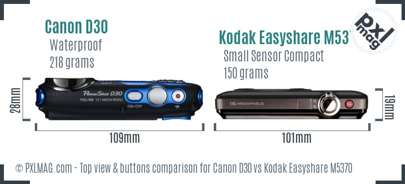 Canon D30 vs Kodak Easyshare M5370 top view buttons comparison