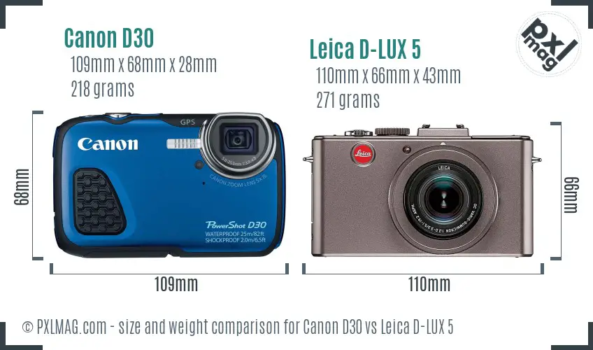 Canon D30 vs Leica D-LUX 5 size comparison