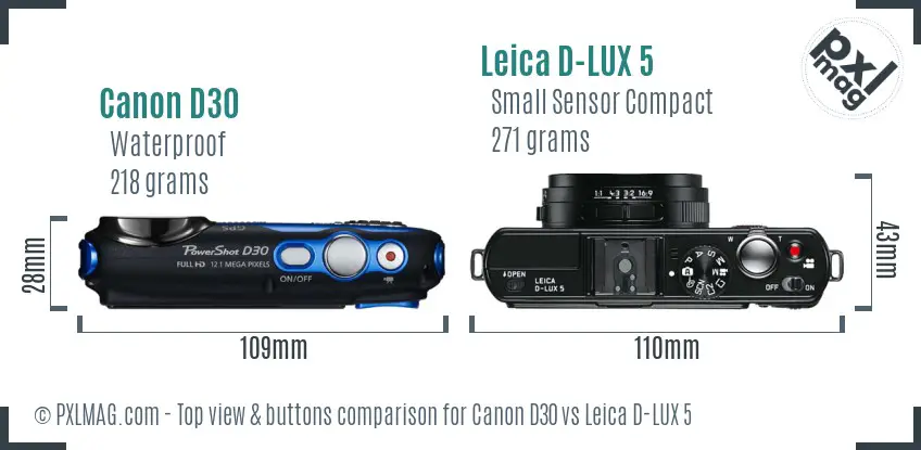 Canon D30 vs Leica D-LUX 5 top view buttons comparison