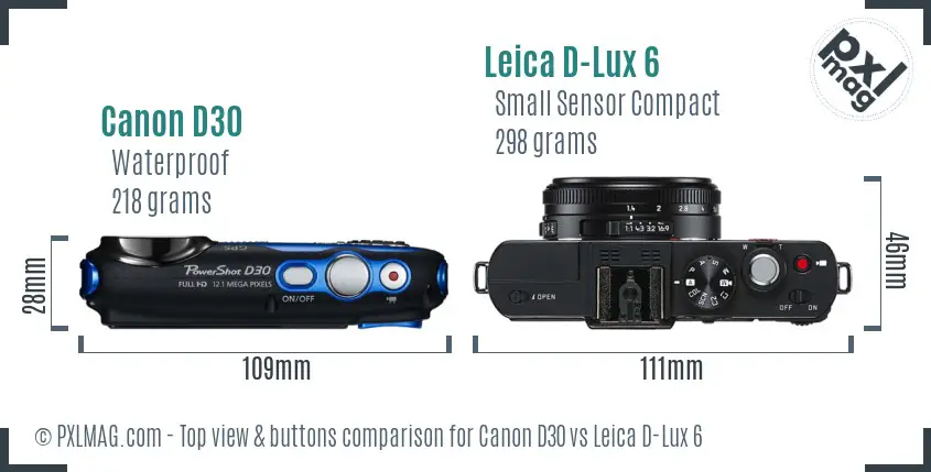 Canon D30 vs Leica D-Lux 6 top view buttons comparison Canon D30 vs Leica D-Lux 6 top view buttons comparison