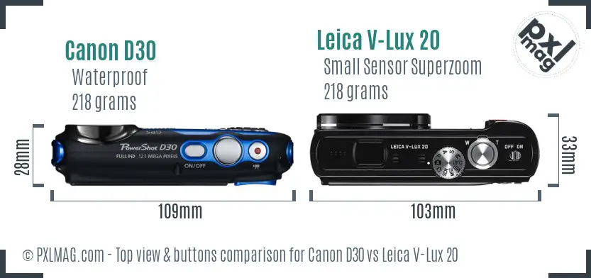 Canon D30 vs Leica V-Lux 20 top view buttons comparison Canon D30 vs Leica V-Lux 20 top view buttons comparison