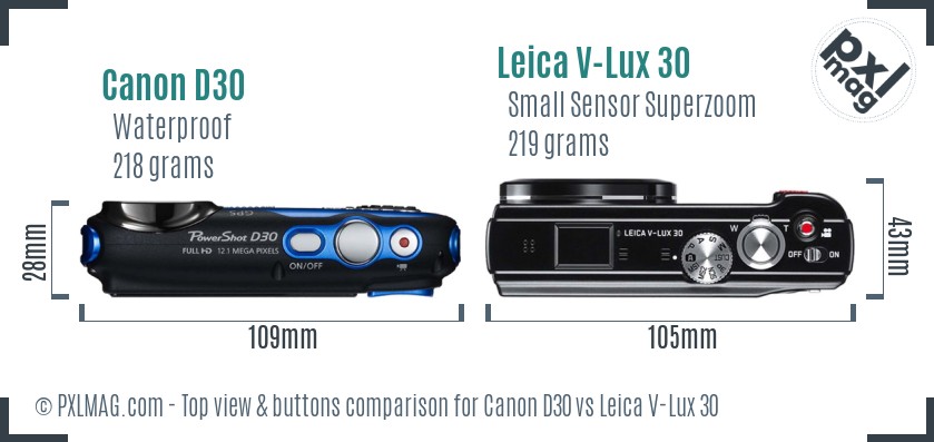Canon D30 vs Leica V-Lux 30 top view buttons comparison