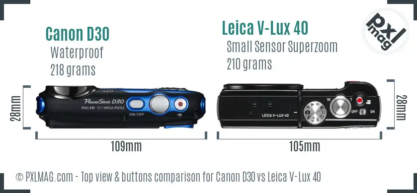Canon D30 vs Leica V-Lux 40 top view buttons comparison