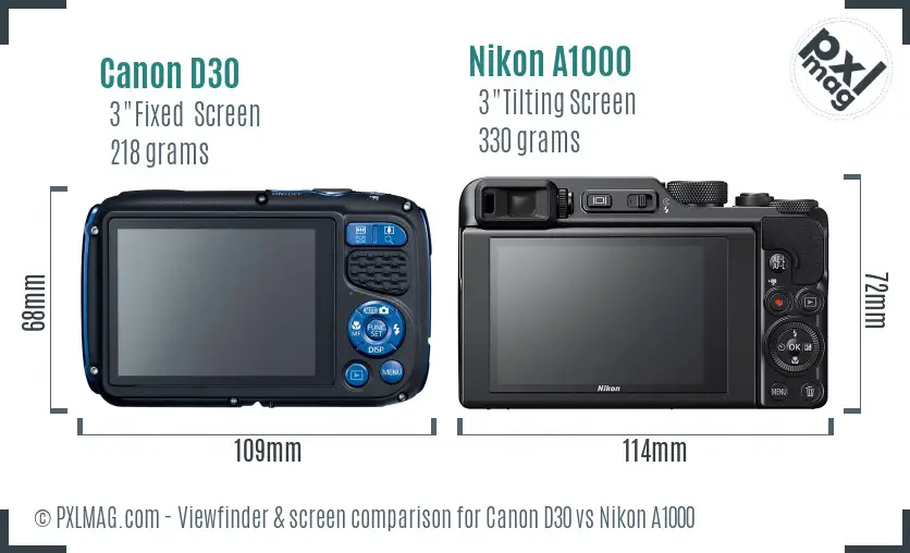Canon D30 vs Nikon A1000 Screen and Viewfinder comparison