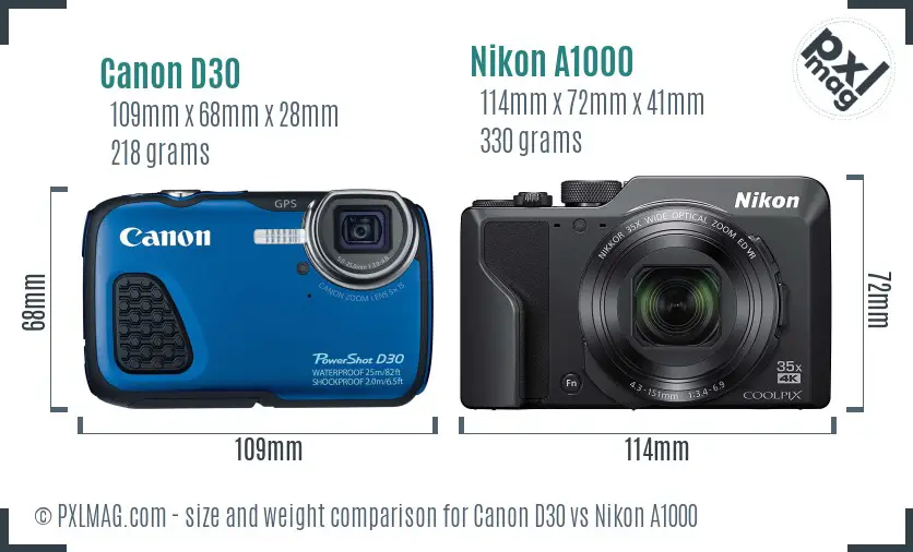 Canon D30 vs Nikon A1000 size comparison
