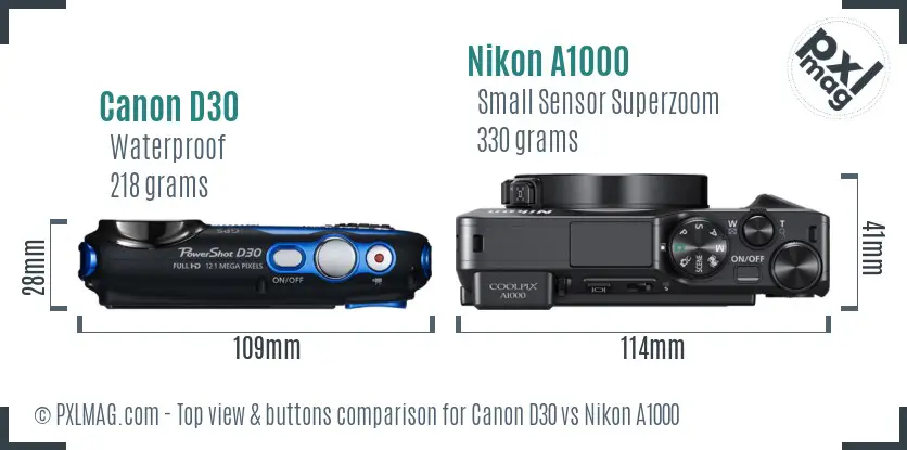 Canon D30 vs Nikon A1000 top view buttons comparison