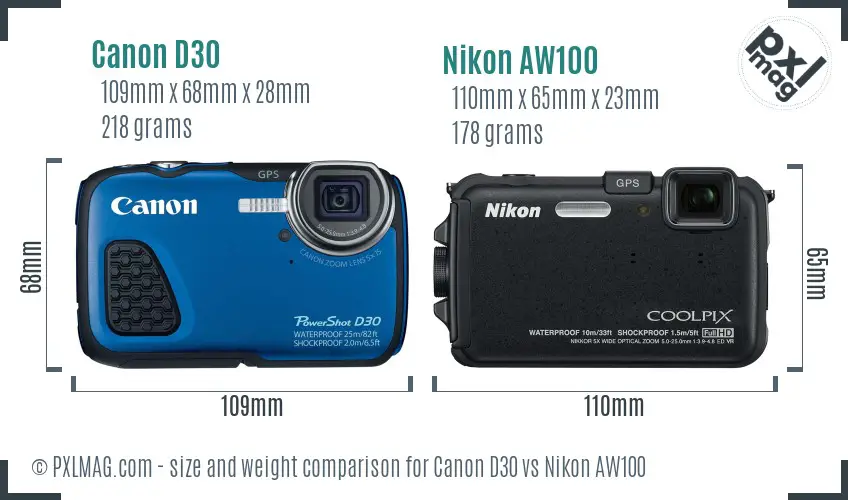 Canon D30 vs Nikon AW100 size comparison