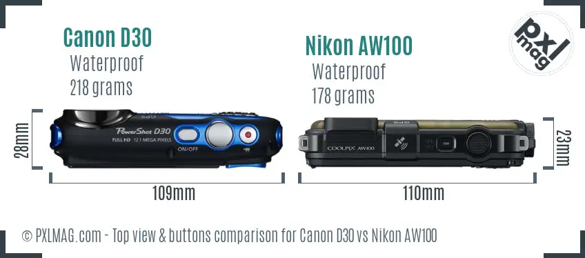 Canon D30 vs Nikon AW100 top view buttons comparison