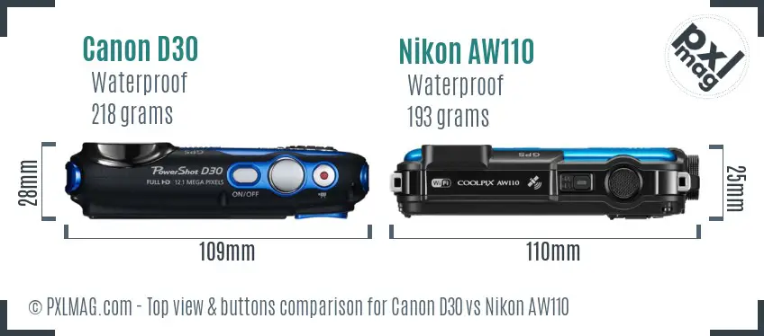 Canon D30 vs Nikon AW110 top view buttons comparison Canon D30 vs Nikon AW110 top view buttons comparison