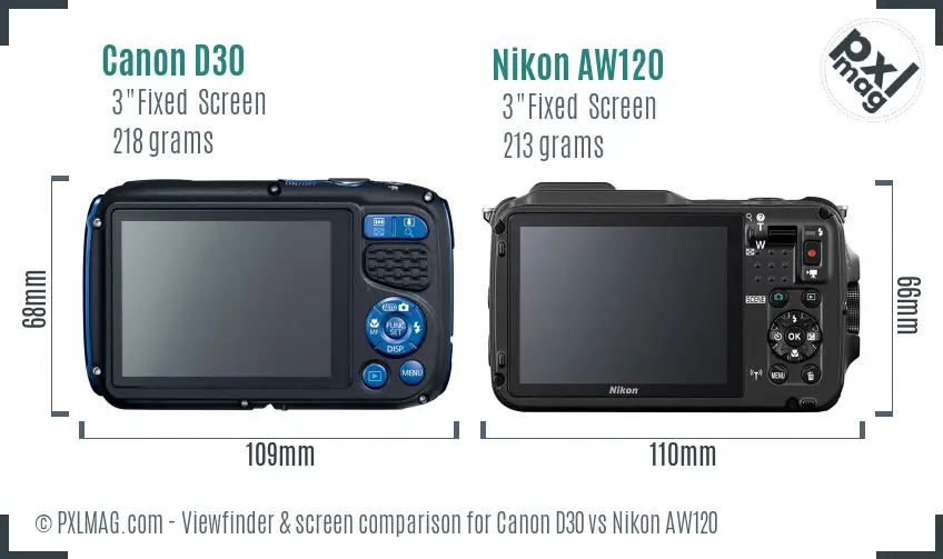 Canon D30 vs Nikon AW120 Screen and Viewfinder comparison