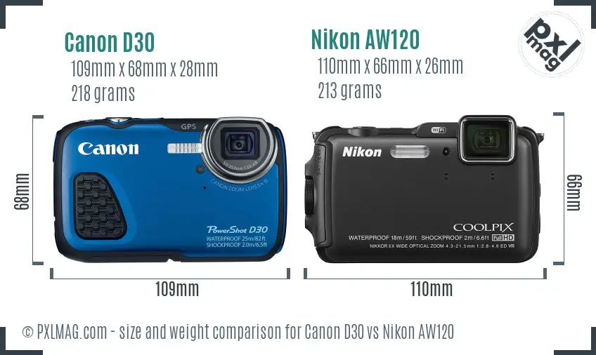 Canon D30 vs Nikon AW120 size comparison