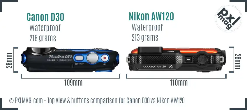 Canon D30 vs Nikon AW120 top view buttons comparison