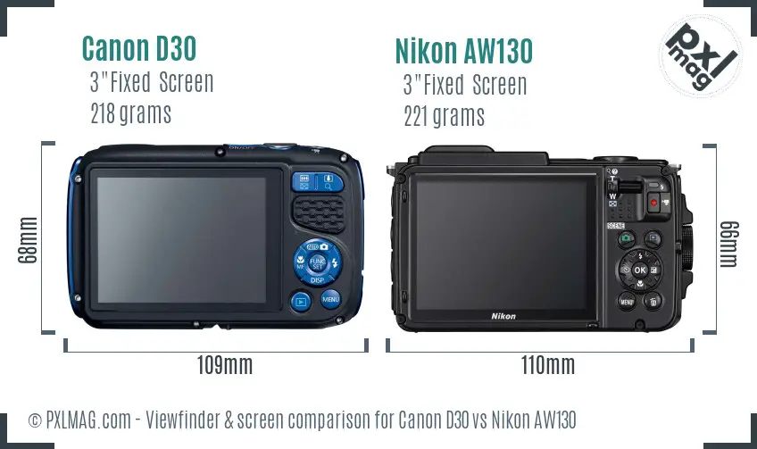 Canon D30 vs Nikon AW130 Screen and Viewfinder comparison