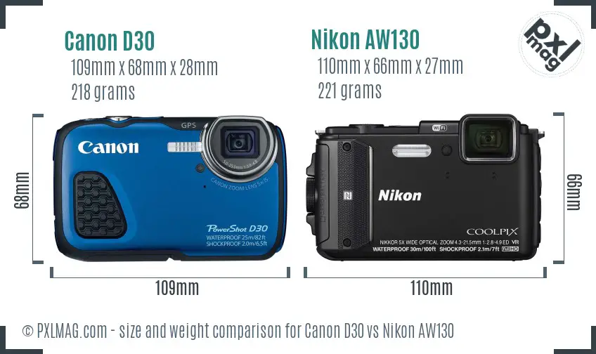 Canon D30 vs Nikon AW130 size comparison