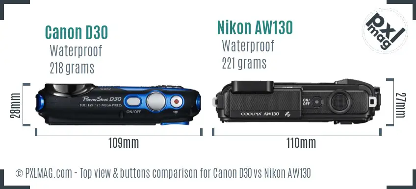 Canon D30 vs Nikon AW130 top view buttons comparison