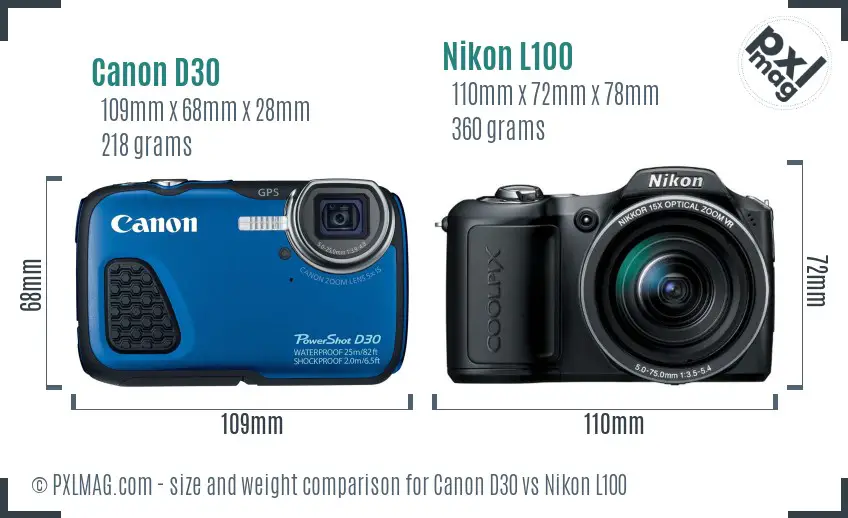 Canon D30 vs Nikon L100 size comparison
