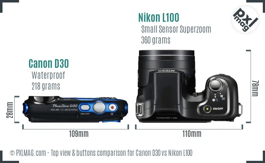Canon D30 vs Nikon L100 top view buttons comparison