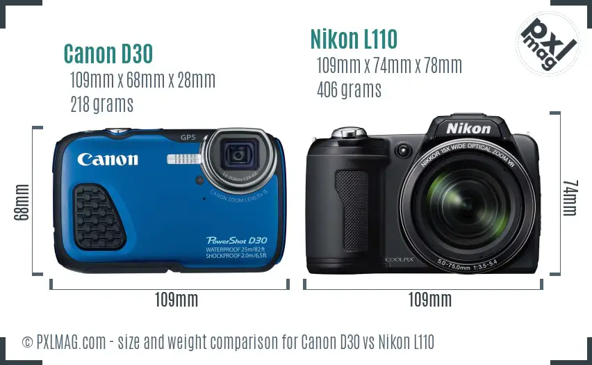 Canon D30 vs Nikon L110 size comparison