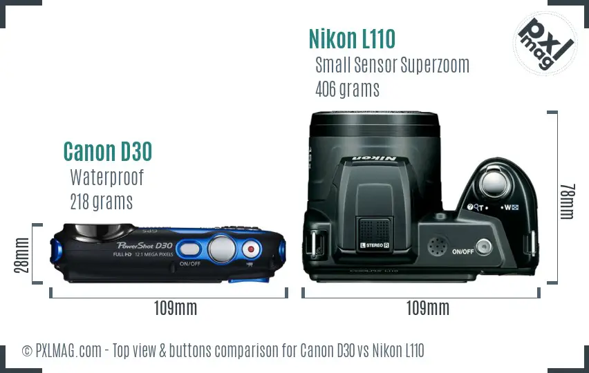 Canon D30 vs Nikon L110 top view buttons comparison