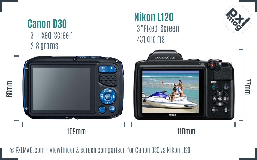 Canon D30 vs Nikon L120 Screen and Viewfinder comparison