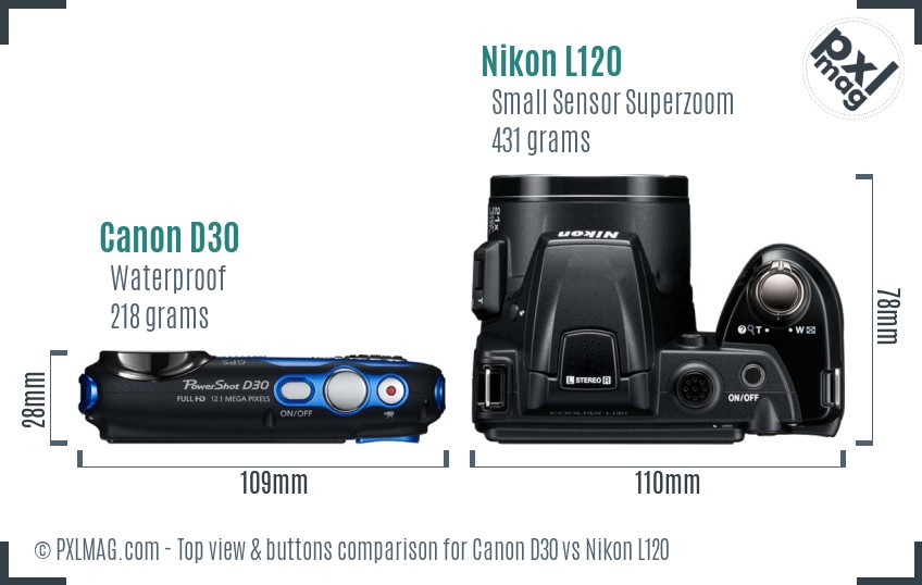 Canon D30 vs Nikon L120 top view buttons comparison