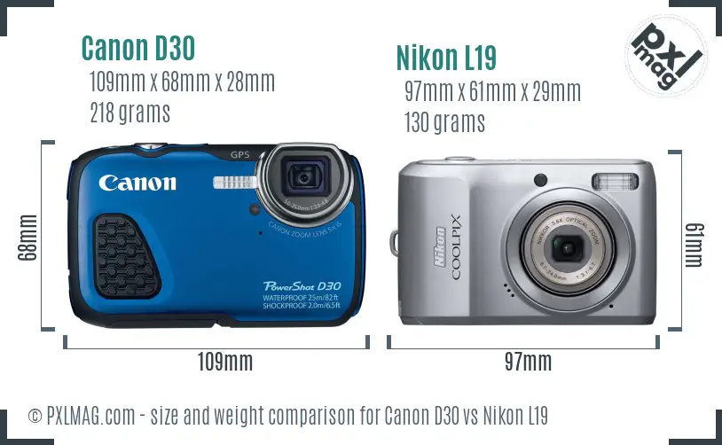 Canon D30 vs Nikon L19 size comparison