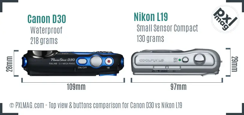 Canon D30 vs Nikon L19 top view buttons comparison
