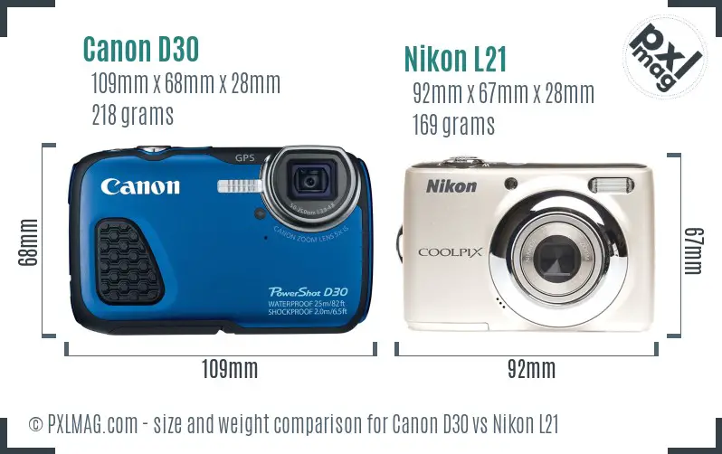 Canon D30 vs Nikon L21 size comparison