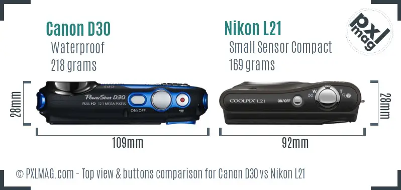 Canon D30 vs Nikon L21 top view buttons comparison