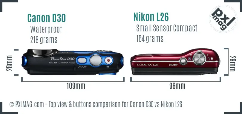Canon D30 vs Nikon L26 top view buttons comparison