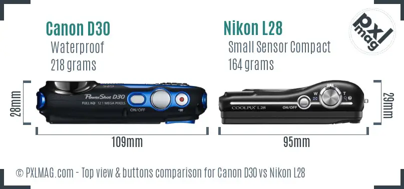 Canon D30 vs Nikon L28 top view buttons comparison