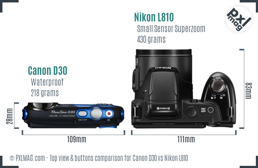 Canon D30 vs Nikon L810 top view buttons comparison