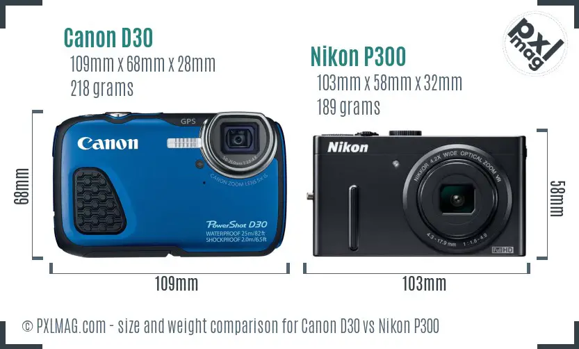 Canon D30 vs Nikon P300 size comparison