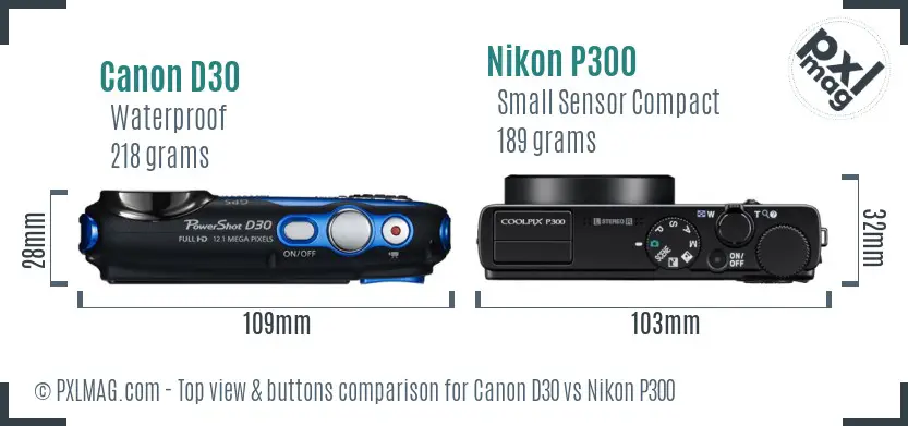 Canon D30 vs Nikon P300 top view buttons comparison