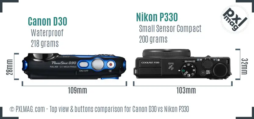 Canon D30 vs Nikon P330 top view buttons comparison