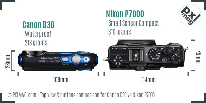Canon D30 vs Nikon P7000 top view buttons comparison Canon D30 vs Nikon P7000 top view buttons comparison