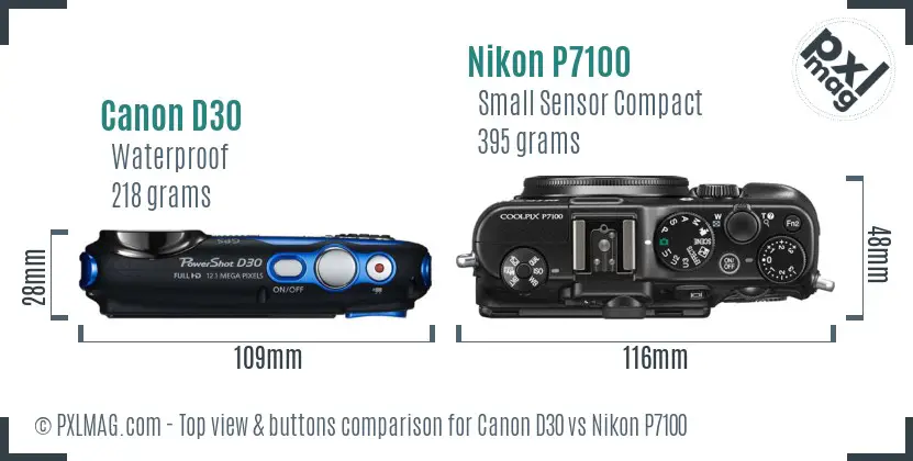 Canon D30 vs Nikon P7100 top view buttons comparison
