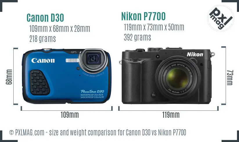Canon D30 vs Nikon P7700 size comparison