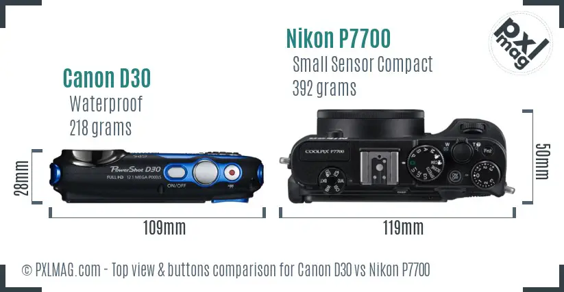 Canon D30 vs Nikon P7700 top view buttons comparison