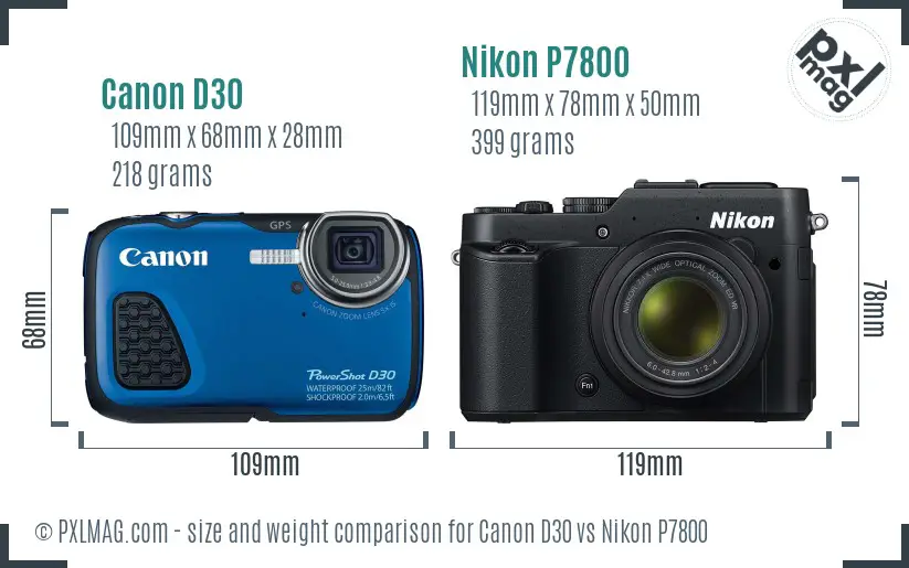 Canon D30 vs Nikon P7800 size comparison