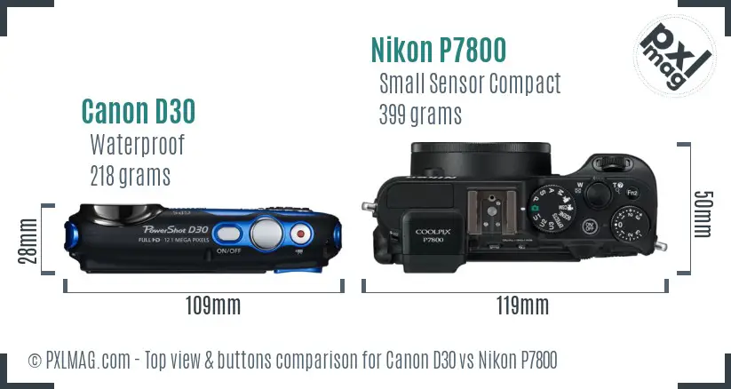 Canon D30 vs Nikon P7800 top view buttons comparison