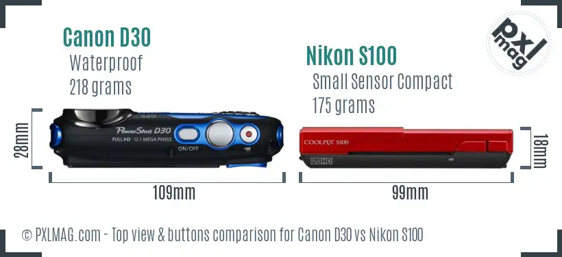 Canon D30 vs Nikon S100 top view buttons comparison