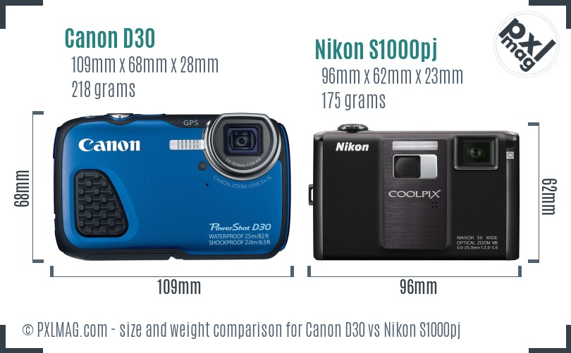 Canon D30 vs Nikon S1000pj size comparison