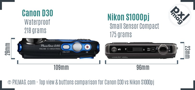 Canon D30 vs Nikon S1000pj top view buttons comparison