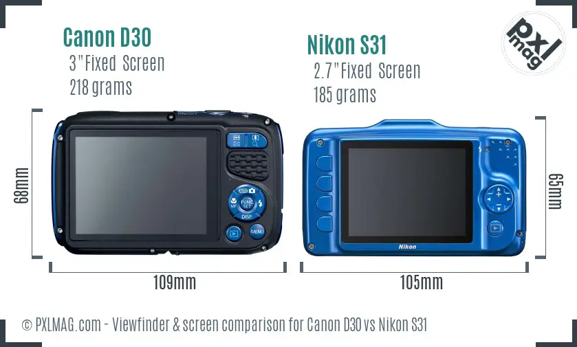 Canon D30 vs Nikon S31 Screen and Viewfinder comparison