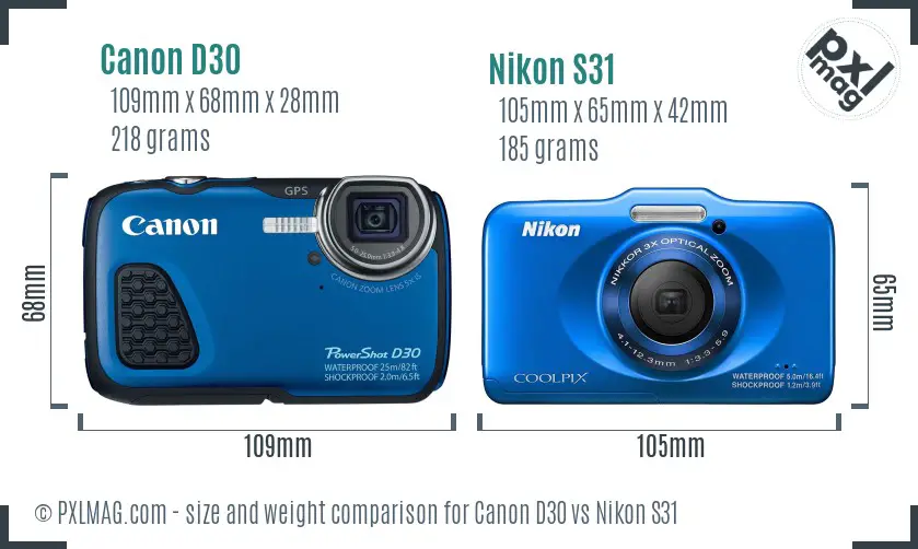 Canon D30 vs Nikon S31 size comparison