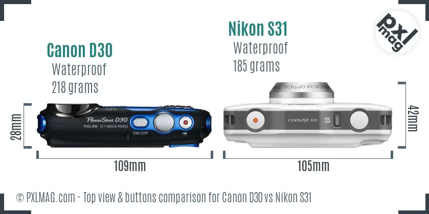 Canon D30 vs Nikon S31 top view buttons comparison