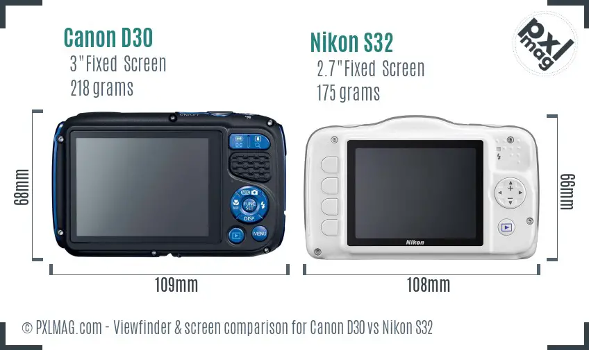 Canon D30 vs Nikon S32 Screen and Viewfinder comparison
