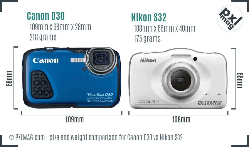 Canon D30 vs Nikon S32 size comparison