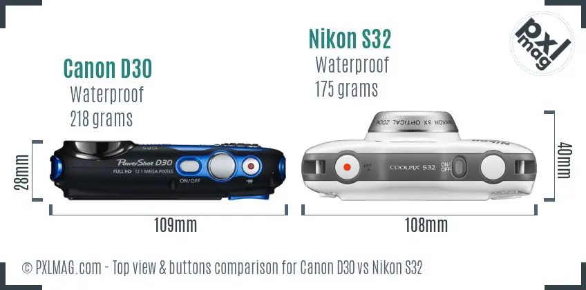 Canon D30 vs Nikon S32 top view buttons comparison